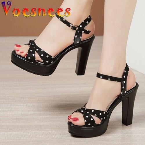 Women Sandals 2021 Summer Bow Buckle Strap Sandals Comfortable Superfine Fiber Polka Dot Pattern Thick Heel High Heel Shoes
