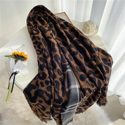 Women Design Leopard Winter Scarf Cashmere Pashmina Plaid Double-sided Scarves Lady Warm Shawl Wrap Blanket 2021 New