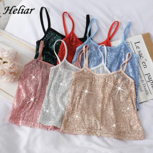 HELIAR Sexy Sequined Camisole Silver Glitter Strappy Tank Tops Ladies parkle Camis V-neck Swing Clubwear Party Tanks Short Slim