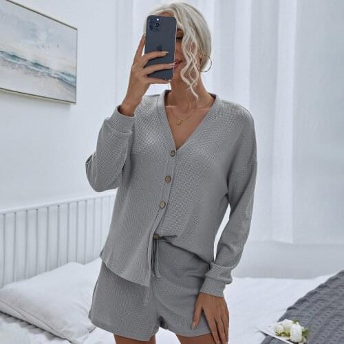 Womens Fall 2021 Long Sleeve Suit Jacket Shorts Waffle Two-piece Army Green Gray Black Polyester Plus Size Knitted Sets Clothes