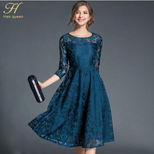 H han queen Autumn Lace Dress Work Casual Slim Fashion O-neck Sexy Hollow Out Blue Red Dresses Women A-line Vintage Vestidos