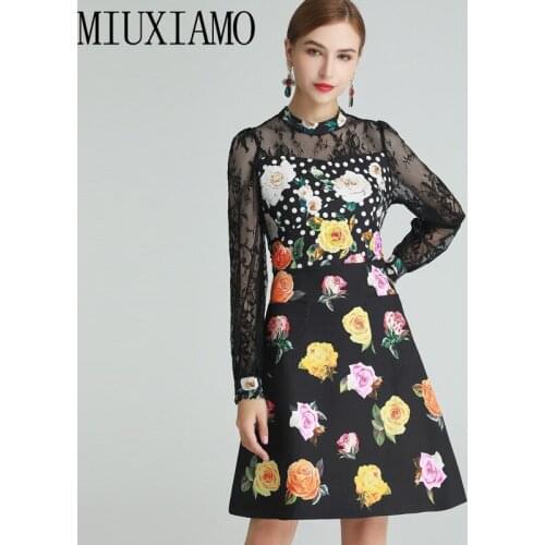 MIUXIMAO 2021 Spring Summer Women Diamonds Flower Dot Printed O-neck Lace Full Sleeve Holiday Elegant Dress Vestidos