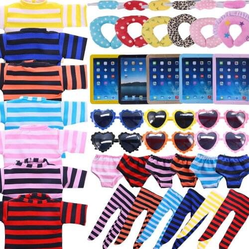 6 Pcs/Lot=Striped Top+Leggings+Panties+Glasses+U-shaped Pillow+Mini Plate For Born Baby 43 Cm & 18 Inch American Doll,Generation