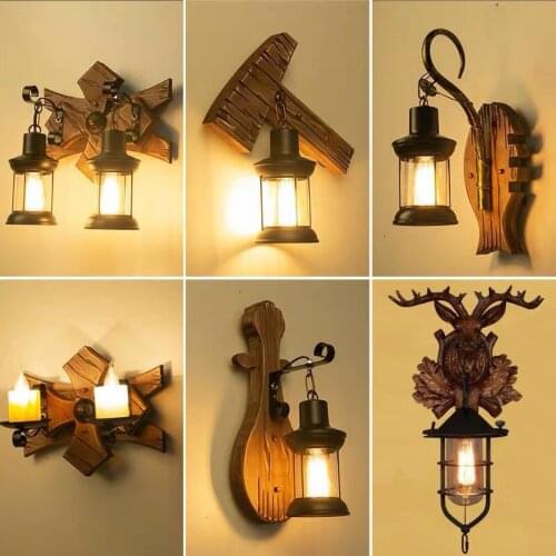 American retro wall lamp industrial wind solid wood wall light personality bar cafe restaurant decorative sconce E14 110V 220V