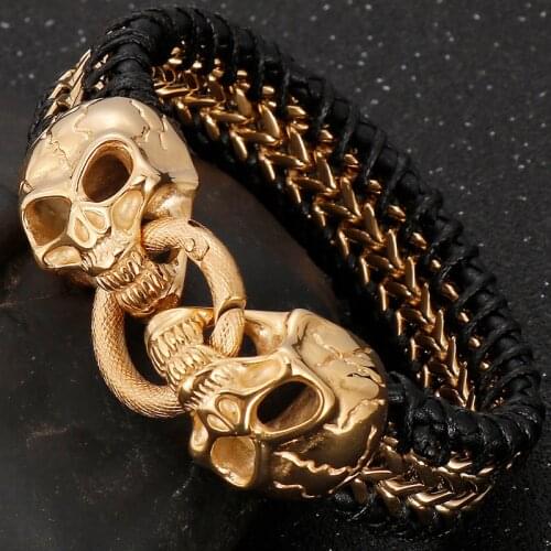 Gothic Mens Skull Head Bracelet Punk Man Cowhide Leather Wristband Viking Homme Armband Stainless Steel Hand Chain Male Jewelry