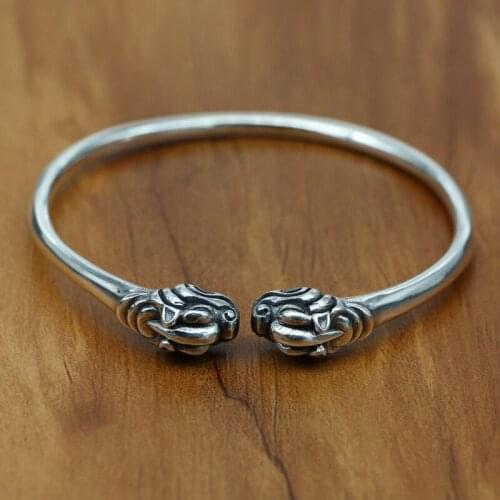 Wholesale S925 Sterling Silver Retro Thai Silver Vintage Style Craft Tiger Head Men And Women Open Ended Couple Bangle