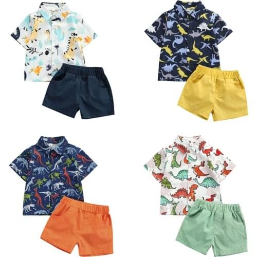 Kids Tracksuit Set 2021 Boys Dinosaur Print Lapel Short Sleeve Shirt+ Solid Color Shorts for Children Summer 6 Months-4 Years