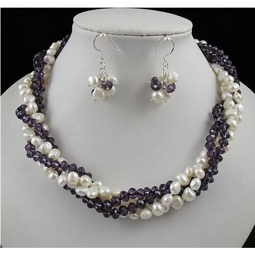 Unique Pearls jewellery Store, Perfect Ladys Gift Jewelry Set Purple Crystal White Baroque Freshwater Pearl Necklace Earrings
