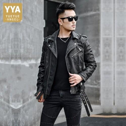 Korean Style Mens Short Slim Genuine Leather Biker Jacket Zippers Turn-Down Collar Pockets Sashes Vintage Sheepskin Fashion Coat