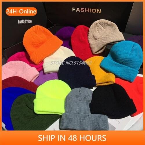 Men Women Winter Autumn Solid Color Warm Woolen Knitted Cap Fluorescent Cuffed Beanie Hat Female Caps Warmer Bonnet Casual Cap
