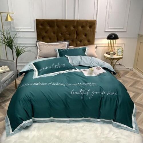 Note embroidery Bedding Set 600TC egyptian cotton Bed Linens Bed Sheet Set Bedclothes Queen/King Size gray green Bed cover 4pcs