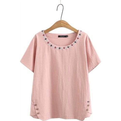 Plus Size L-4XL Womens Short Sleeve Summer Tshirts Vintage Embroidery Full Cotton Tops Oversized A-line Fashion Shirts
