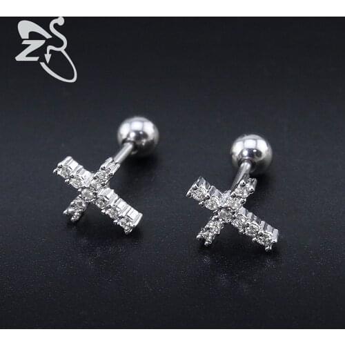 New Classic Simple Cross Design Crystal Ear Studs Piercing Earlobe Helix Tragus Piercing Earrings Fashion Jewelry Women Girls