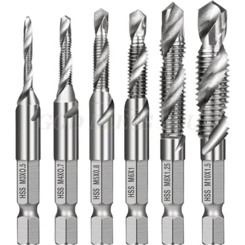 6pcs M3-M10 Screw Tap Drill Bits HSS Taps Countersink Deburr Set Metric Combination Bit 1/4Inch Hex Shank Quick Change