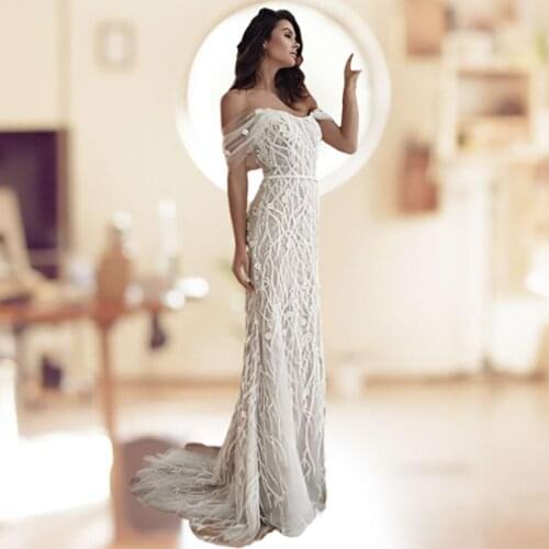 Party Dresses Women Evening Elegant Sexy Backless Off The Shoulder Lace Slim Fit Dress Spaghetti Strap Long Mermaid White Dress