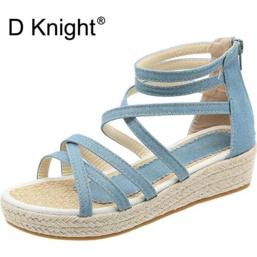 Plus Size Blue Cross Strp Wedges Heel Sandals Shoes For Woman Cover Heel Back Zippers Flip Flops Ladies Platform Sandals Shoes