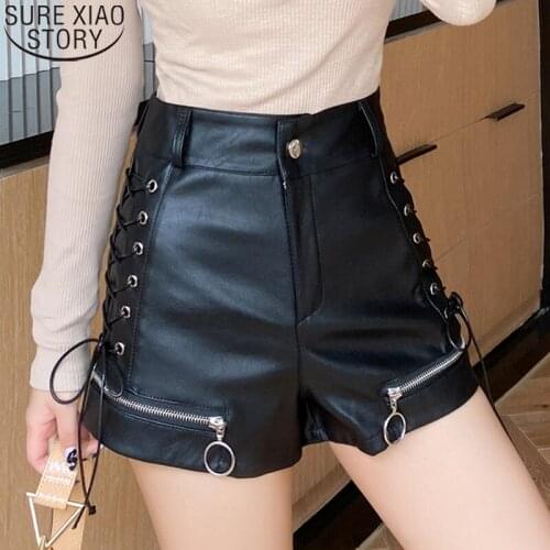 2021 New Fashion Women Shorts PU Black High Waist Wide Leg Shorts Autumn and Winter Button Short Casual Bottoms Female 12544