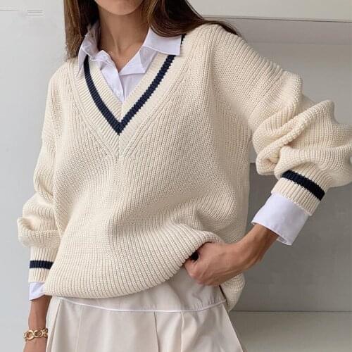 V Neck White Casual Sweater Women Preppy Style Korean Long Sleeve Jumpers Ladies High Street Autumn Winter Pullover