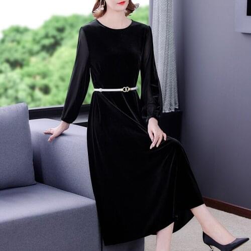 Women Black Long Sleeve Sexy Midi Dress 2021 Elegant Bodycon Party Vestido Spring Autumn Vintage Golden Velvet Office Lady Dress