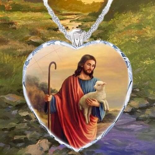Bible Story Lost Sheep Pattern Womans Necklace Crystal Glass Series Creative Personality Religious Party Prayer Jewelry