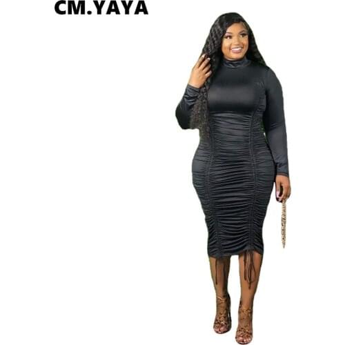 CM.YAYA Women Plus Size Dress Full Sleeve High Collar Shirring Stretchy Skinny Pencil Maxi Dresses Fashion Party Vestidos Autumn