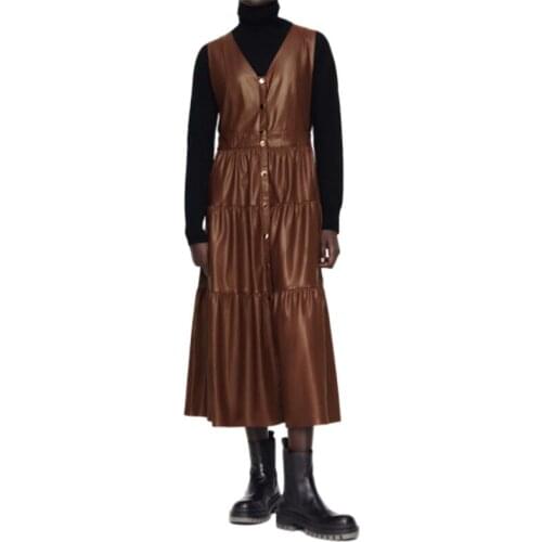 PUWD Vintage Woman Long PU Vest Dress 2020 Fashion Ladies Autumn V Neck sleeveless Dresses Female Chic Draped High waist Dresses