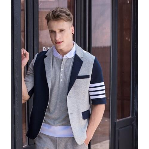 2021 Fashion TB THOM Brand Blazer Men Casual Suit Slim Fit Personality Mens Jacket Half Sleeve Patchwork Panelled Coat