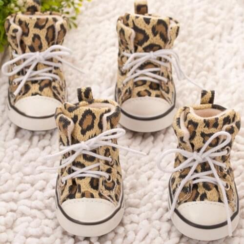 4pcs/set Dog Shoes Pet Boots Casual Leopard Canvas Dog Anti-slip Shoes Boots Teddy Small Medium Large Dogs Sneakers Booties