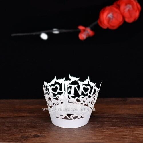 50pcs free shipping Laser Cut 2017 New Love Script Birds Cupcake Wrappers Wedding Birthday Party Supplies Home Decoration Tools