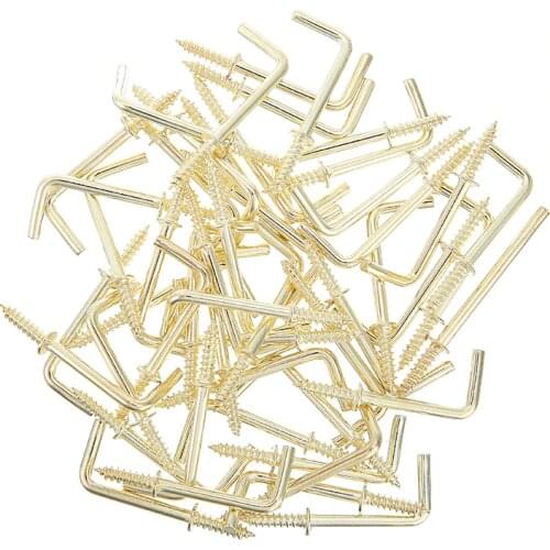 1/2'' 50Pcs L Shaped Dresser Cup Hooks Fasteners Quality Brass Plated Screw Hanging Hangers Durable Multi Hardware Hooks