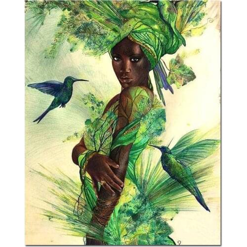 Diy diamond painting African black lady green parrots diamond embroidery 5D rhinestone mosaic diamond inlaid pattern