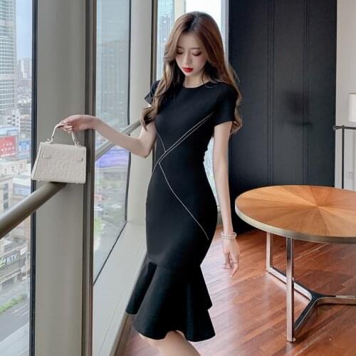 O-Neck Elegant Summer Dress Women Korean Office Lady Sexy Black Mermaid Dress Sheath High Waist Midi Dress Vintage C520