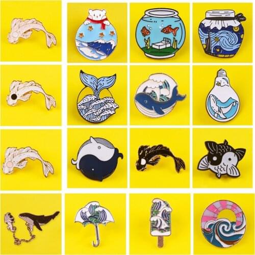 Enamel Brooch Pin Yin Yang Koi Carp Brooch Pin Fish Wave Sea Whale Brooch For Collar Lapel Badge On Clothing Women Kids Jewelry
