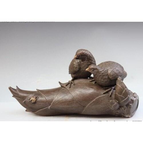 Chinese FengShui Auspicious Copper Bronze Two Bird On Bamboo Look Insect Statue