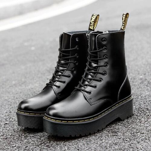 Fashion Flat Shoes Woman High Heel Platform PU Leather Boots Lace Up Women Shoes Plus Size 42