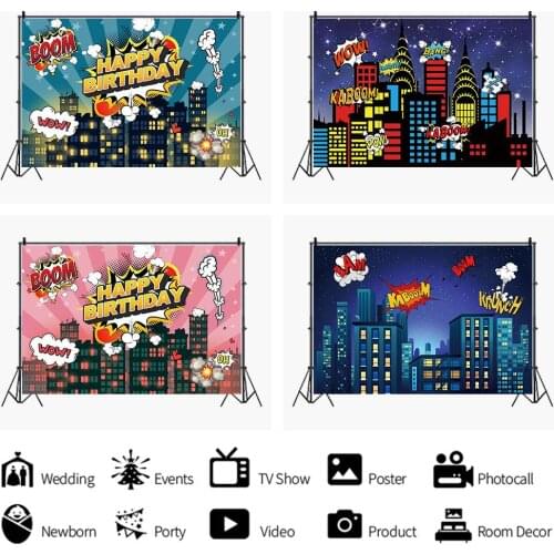 Cartoon Kids Birthday Party Superhero Boom City Background Decoration Photography Studio 3D Digital Photo Backdrop Cloth