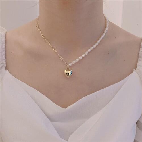 Freshwater Pearl Necklace Heart-Shaped Pendant Spliced Metal Chain Women Girl Simple Exquisite Choker Clavicle Chain Jewelry Gif