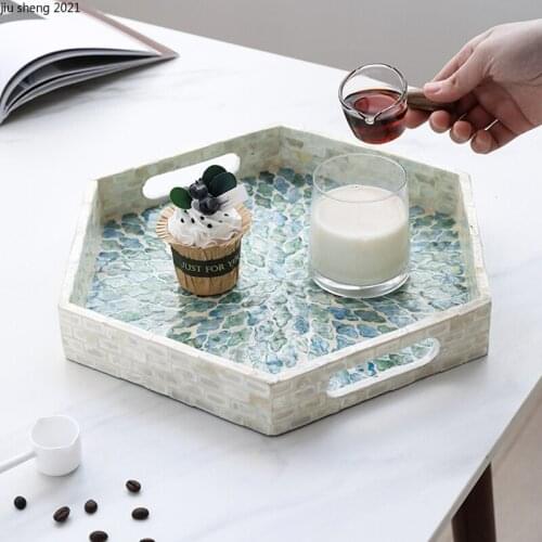 Hexagonal Color Shell Tray Wooden Tea Cup Food Makeup Artist Storage Box Handmade Shell Tea Tray Jewelry Display Stand Home Deco
