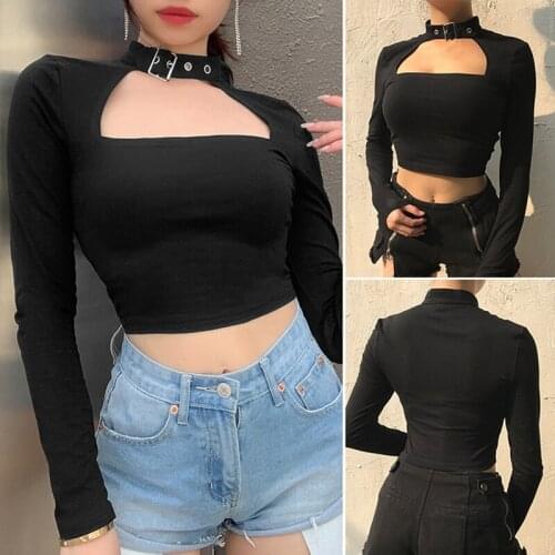 Buckle Halter Neck Sexy Womens T Shirt Harajuku Long Sleeve Crop Tops Streetwear Basic T Shirt Women Tight Tees Shirts