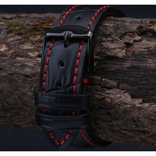 22mm Black Watchband Genuine Leather Straps Cowhide Watch Strap with Red Stitching Line Quick Release for Women Men