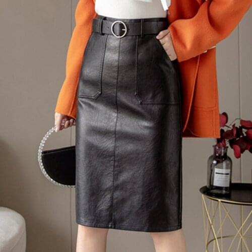 Black PU Leather Pencil Midi Skirts Pockets Autumn Winter High Waist Back Split Sheath Wrap Skirts with Belt Fashion Slim 17101