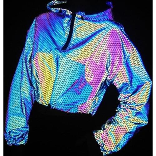 Colorful Reflective Women Hoodie Long Sleeve Crop Top Pullover Short Jackets 2021 Spring Reflect Light Sweatshirt Coats Zipper