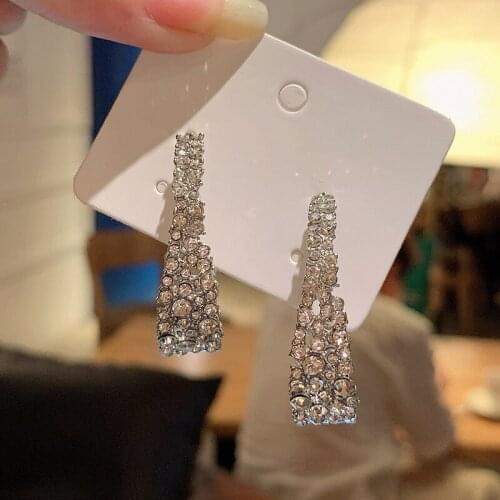 Origin Summer Exaggeration Curve Geometric Hoop Earring for Women Girls Shining Rhinestone Silver Color Metallic Earring Jewelry