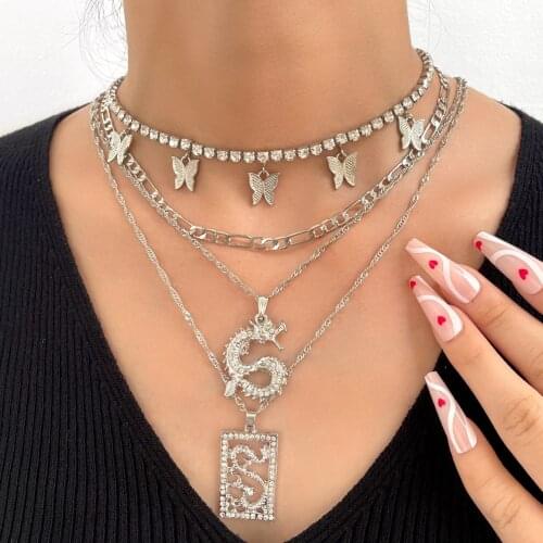 Flatfoosie Multilayer Butterfly Crystal Chain Choker Necklace For Women Silver Color Dragon Pendant Necklace Trendy Jewelry Gift