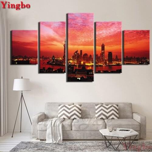 5D DIY Full square round Diamond Painting 5 Pieces City Buildings Landscape Diamond Mosaic Rhinestone Embroidery Cross Stitch