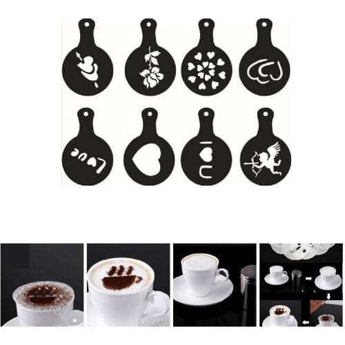 8Pcs/Set Mold Coffee Milk Cake Cupcake Stencil Template Barista Cappuccino Template Strew Pad Duster Spray Decoration Tools