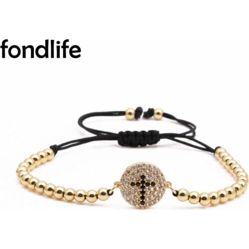 AAA White Cubic Zirconia Crystal Cross Charm Adjustable Bracelet Women 4mm Copper Beads Black Cord CZ Macrame Jewelry Present