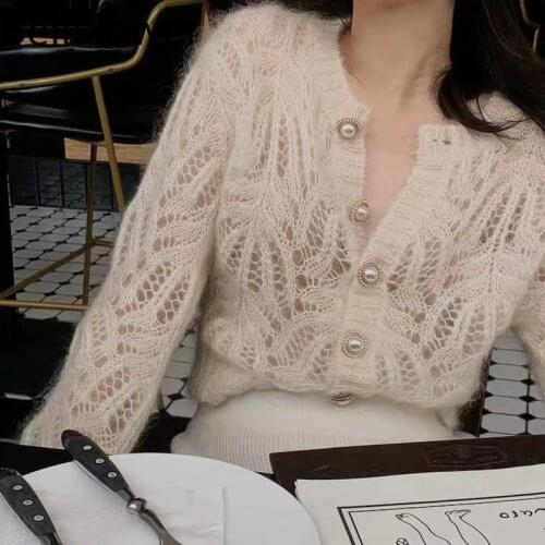 Cropped Cardigan White Sweater Coat Womens Round Neck Pearl Buckle Hollow Out One Size Winter Autumn Knitted Cardigan New 2021