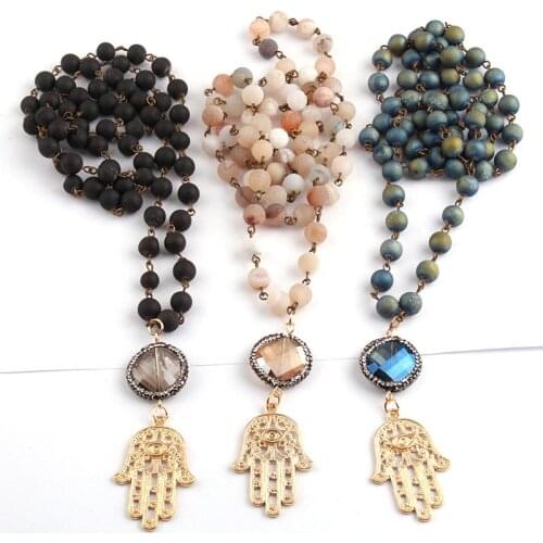 Free Shipping Fashion Bohemian Jewelry Rosary Chain Natural Druzy Handmake Paved Crystal Palm Pendant Necklace