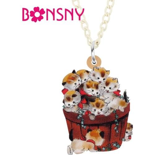 BONSNY Acrylic Cute Orange Cat Kitten Barrel Necklace Pendant Long Novelty Chain Jewelry For Women Girls Charm Teens Gifts